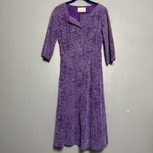 Women’s 1950s Purple Flocked Velvet "Lazy U" Hostess Dress with Glass Buttons S